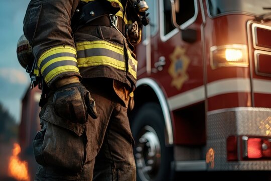 Heroic firefighter in uniform next to fire truck urban setting action shot dramatic environment close-up view fire safety concept
