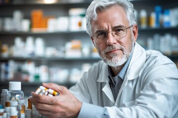 Expert pharmacist assisting customers at pharmacy counter health and wellness hub professional portrait bright and inviting environment close-up shot
