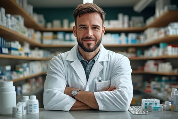 Pharmacist assisting customers pharmacy professional portrait medical environment close-up view community health impact