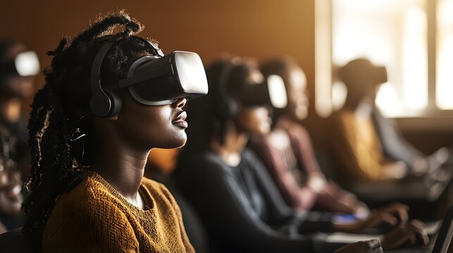 Diverse Group Engaged in Virtual Reality Experience in Classroom Setting