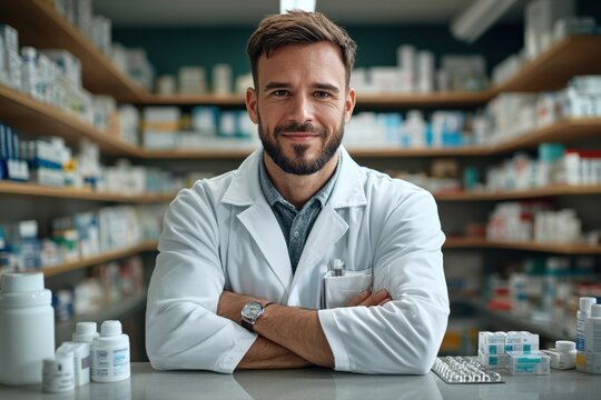 Pharmacist assisting customers pharmacy professional portrait medical environment close-up view community health impact