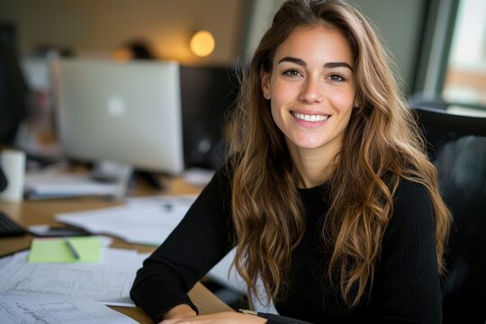 Smiling personal assistant engaging in office tasks modern workspace professional setting bright environment upbeat perspective productivity concept