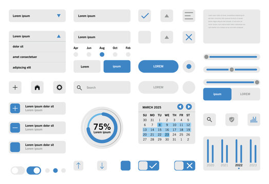 Modern flat UI kit with various blue and white elements including buttons, sliders, and charts	