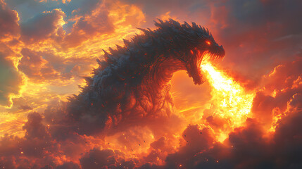 Majestic dragon-like creature breathes fire amidst a dramatic sunset sky filled with clouds