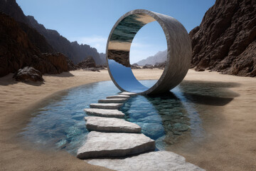 Fototapeta premium Unusual stone structure reflects desert landscape near tranquil water at midday
