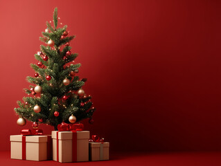 Obraz premium Simple Christmas Tree with Presents on a Red Background 빨간색 배경에 선물이 있는 심플한 크리스마스 트리
