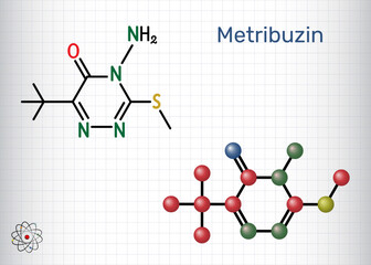 Metribuzin molecule. Triazinone herbicide used in agriculture for broadleaf weed control. Sheet of paper in a cage