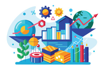 Bright Business Growth Illustration Featuring Data Visualization and Global Reach for Financial Success and Market Expansion