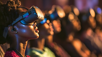 Young diverse audience experiencing immersive virtual reality technology