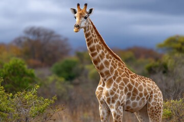 Obraz premium A giraffe stands in a grassy field with trees and a cloudy sky in the background