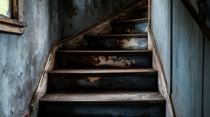 Old wooden staircase crumbling in abandoned house