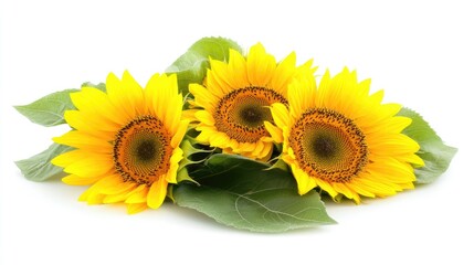 Obraz premium Three vibrant sunflowers with green leaves arranged in a bouquet.