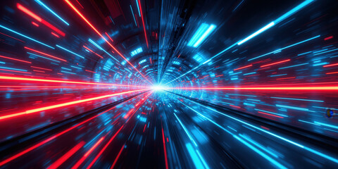 Obraz premium High-Speed Data Tunnels - A futuristic tunnel illuminated by streaks of neon blue and red light, representing the rapid movement