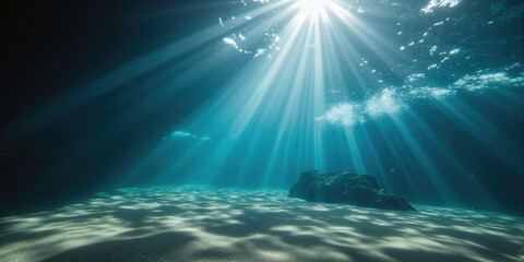 Aquamarine Depths Pure underwater scene with sunlight filtering through crystal clear water, creating ethereal light rays and delicate caustic patterns