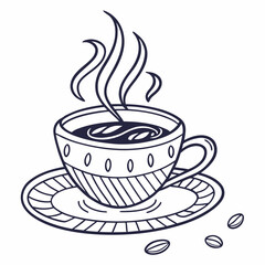 Steaming Cup of Coffee with Ornate Design and Coffee Beans