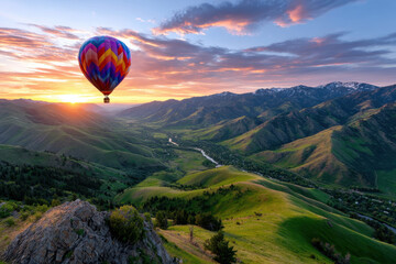 Obraz premium Hot air balloon floats above scenic valley at sunrise near mountains