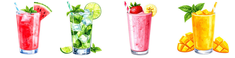 Refreshing summer cocktails with watermelon, mojito, strawberry banana, and mango on transparent background