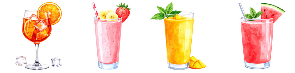 Watercolor set of refreshing summer cocktails and smoothies on transparent background