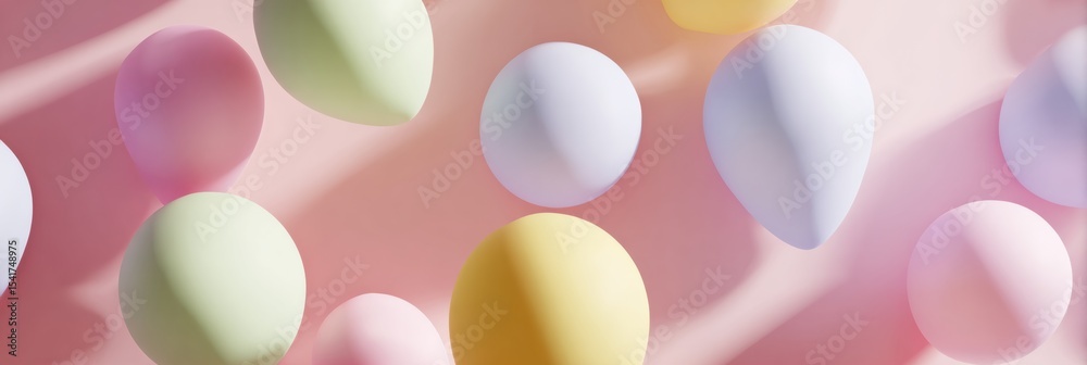 Poster Floating Clay Balloons Create a Whimsical Atmosphere Against a Soft Pastel Background in a Serene Setting