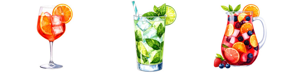 Watercolor painting of refreshing summer cocktails on transparent background