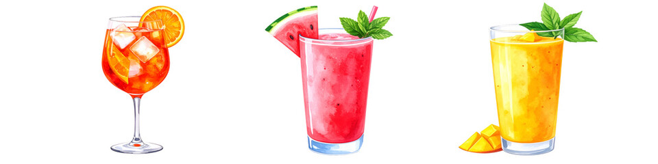 Watercolor painting of refreshing summer cocktails with transparent background