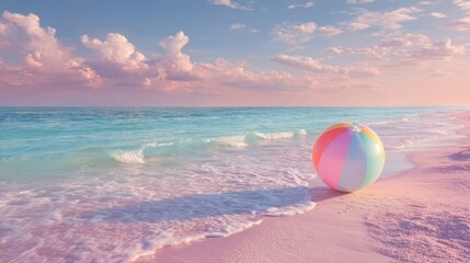 Obraz premium Tranquil Coastal Beauty: Playful Beach Ball Amid Soft Waves at Pink Sunset