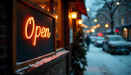 storefront, neon sign, open sign, street, winter, snow, city, night, 4K and HD image