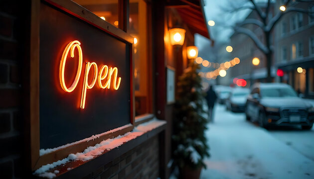 storefront, neon sign, open sign, street, winter, snow, city, night, 4K and HD image