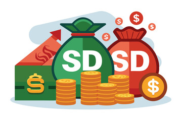 Savings and Investment Illustration with Money Bags, Coins and Rising Graph Depicting Financial Success and Wealth Accumulation Strategy