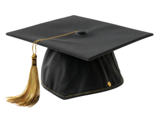 A single black graduation cap (mortarboard) with a gold tassel, photorealistic 3D render, symbol of achievement and education, isolated on a plain white background --ar 4:3 --v 7.0 --p fig9u4r