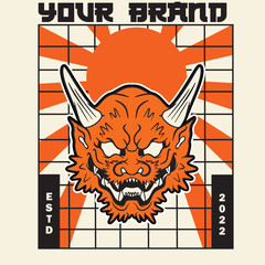 Japanese Demon Oni Mask Logo Design vector illustration	
