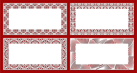Set of forms with an openwork edge. Rectangular sheet, certificate, blank for a card, invitation, congratulations. Copy space, empty space for text. Template for plotter laser cutting of paper, cnc.