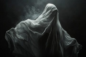 Ethereal figure shrouded in mist creates a haunting atmosphere in a darkened space