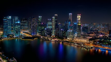 Fototapeta premium Singapore City Skyline at Night with Reflections on Marina Bay