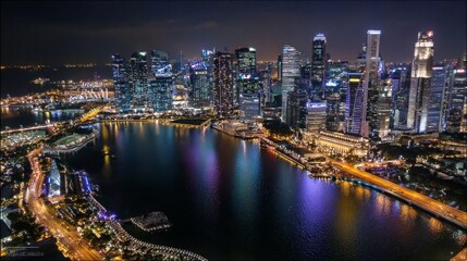 Obraz premium Singapore City Skyline at Night with Reflections on Marina Bay