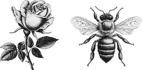 Detailed engraved bee and rose blossom design for nature and vector wildlife art projects