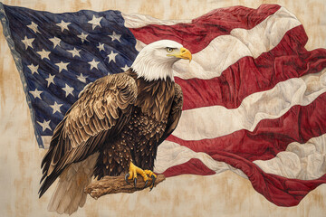 Naklejka premium Eagle perched on branch in front of waving American flag showcasing national pride and freedom