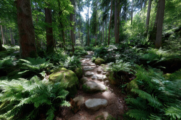 Obraz premium Beautiful forest path surrounded by lush greenery on a sunny day