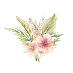 Tropical Hibiscus Heliconia Palm Leaves. Cute Exotic pink flowers plants. Watercolor summer floral isolated illustration