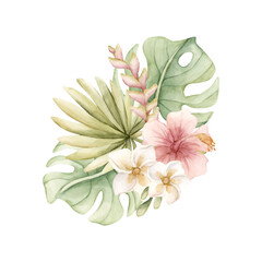 Tropical Hibiscus Plumeria Heliconia Monstera leaves Exotic flower plants Watercolor summer floral isolated illustration