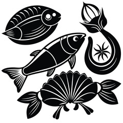 fish art, seafood black silhouette, white background,  monochrome illustration, stylized fish, seafood icon, fish set, Seafood Illustration Bundle