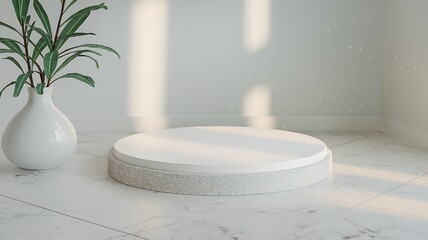 White Pedestal Display: Elegant Platform for Product Showcase with Plant Decor

