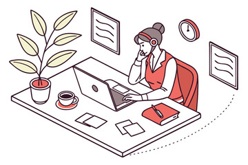 Isometric Illustration of a Woman Working at a Computer with a Headset in a Home Office Setting