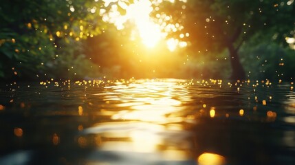 Water Reflection Shimmering Sunlight Through Trees Nature Landscape Background at Sunset