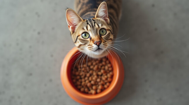 cat near a bowl with food looking up 
