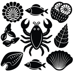 fish art, seafood black silhouette, white background,  monochrome illustration, stylized fish, seafood icon, fish set, Seafood Illustration Bundle