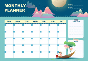 Monthly planner with serene moonlit lake, pastel mountains, blooming lotus and a bunny on a boat. Includes to-do list, notes section and ample writing space—perfect for organized monthly planning.