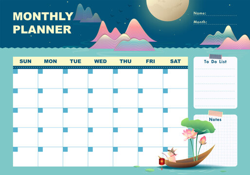 Monthly planner with serene moonlit lake, pastel mountains, blooming lotus and a bunny on a boat. Includes to-do list, notes section and ample writing space—perfect for organized monthly planning.