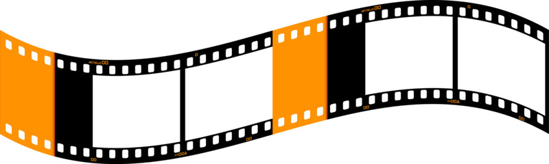 Wavy film strip frame in black and orange with blank photo spaces. Dynamic curved design for vintage photography, creative projects, and nostalgic visuals. Vector EPS 10