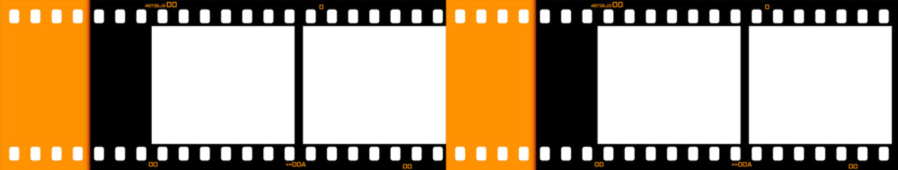 Horizontal retro film strip layout with orange edges and blank photo frames. Classic analog photography look for media, scrapbooking, and creative projects. Vector EPS 10